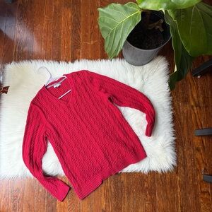 Red Cable Knit Sweater V Neck Y2K